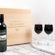 Personalised wooden wine gift box with two engraved wine glasses and wine