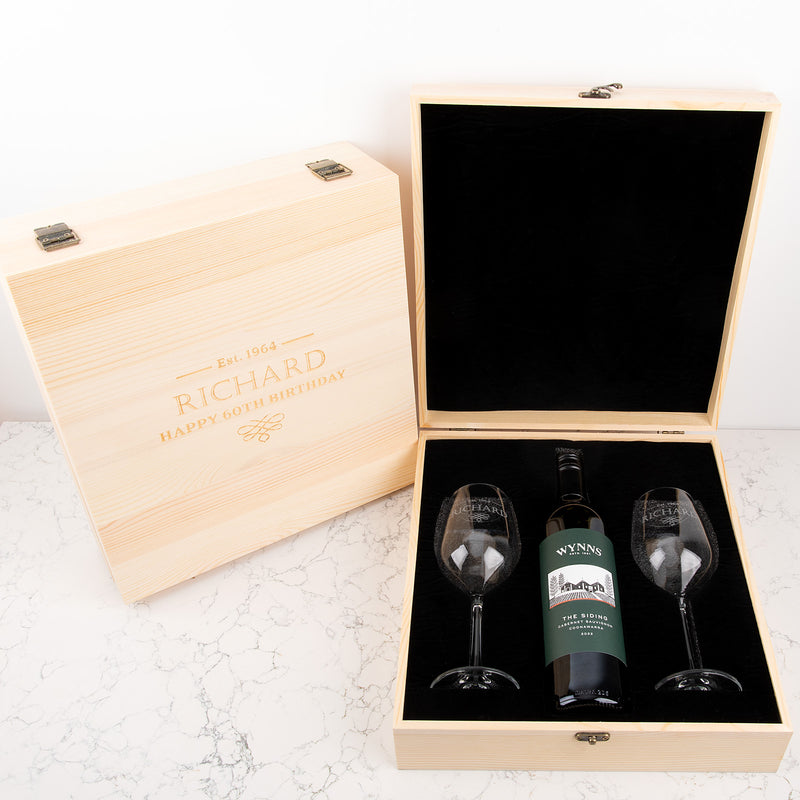 Elegant engraved wine glasses in keepsake box for 50th, 60th or 70th birthday