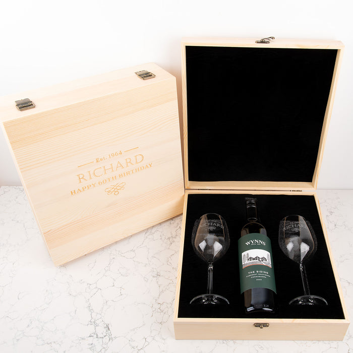 Elegant engraved wine glasses in keepsake box for 50th, 60th or 70th birthday