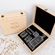 Personalised wedding whiskey decanter gift set with 870ml decanter, two engraved glasses and whiskey stones presented in a wooden gift box.
