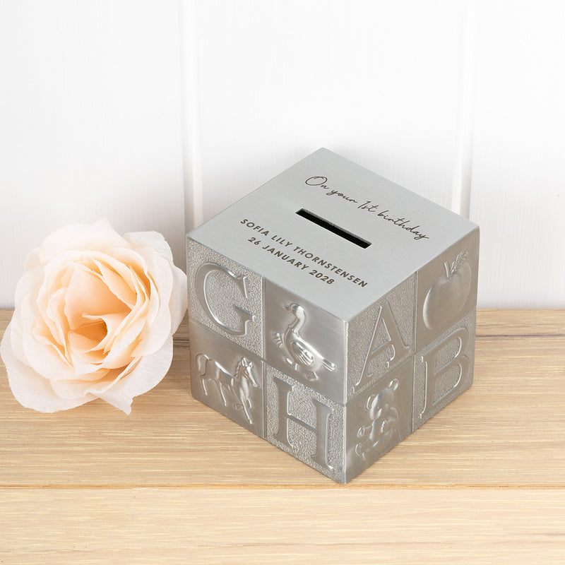 Custom birthday money box with animal alphabet design and coin slot