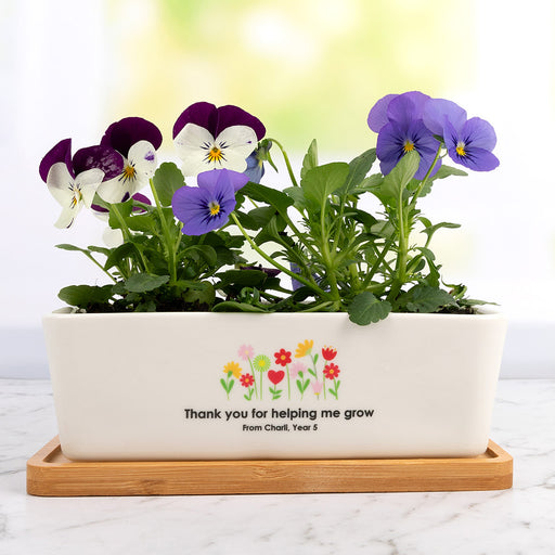 Personalised teacher planter pot with name and message on ceramic pot
