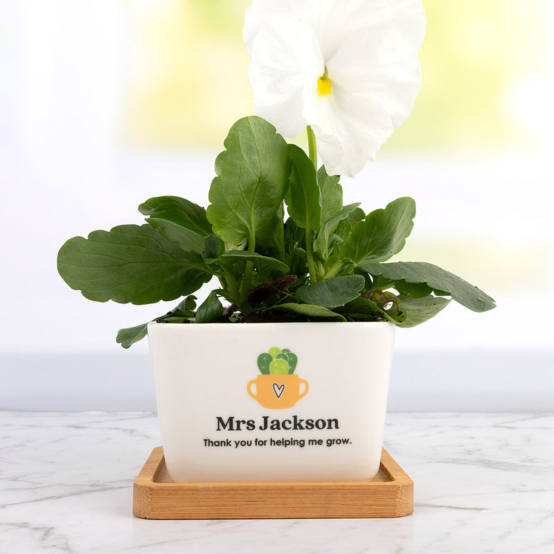 Personalised square planter pot teacher gift with name and message
