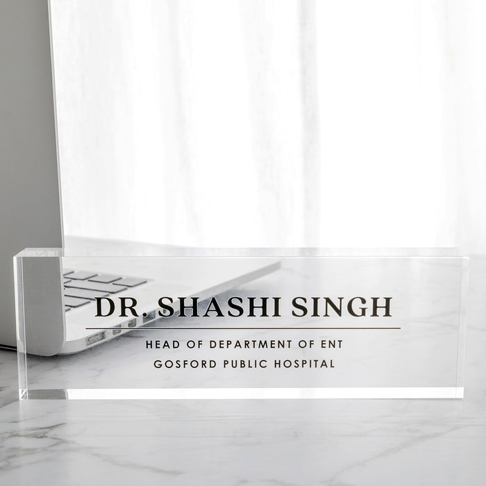 Personalised acrylic office desk sign with name and role printed in black