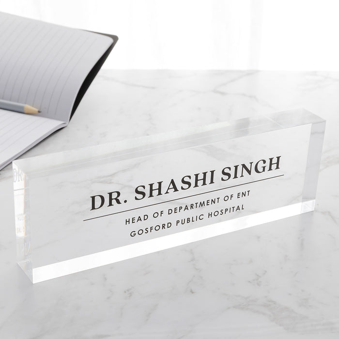 25mm thick clear acrylic desk sign for corporate office workspace
