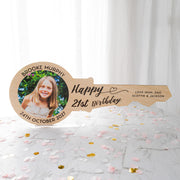 Personalised printed bamboo birthday key with photo, name and message