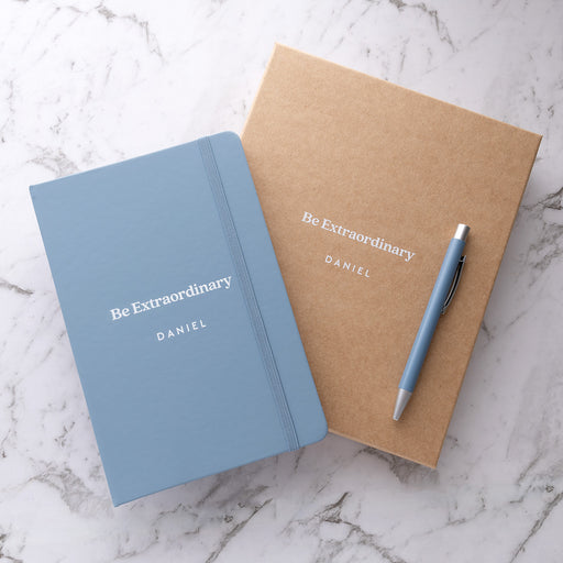 Custom light blue A5 notebook and matching pen gift set personalised with a white printed design