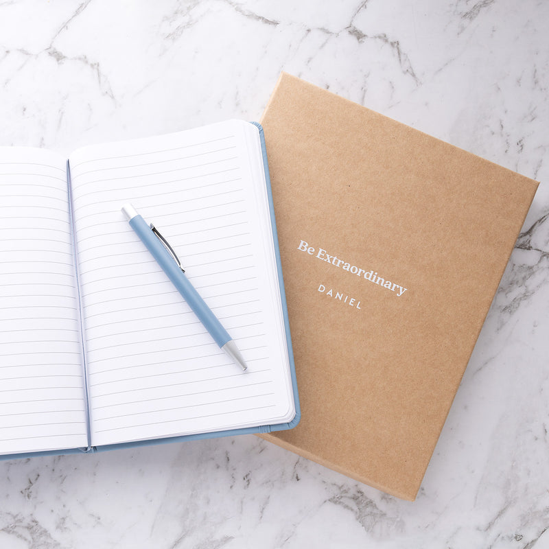 Light blue personalised notebook and pen gift set for birthdays, teacher gifts, graduations and Christmas