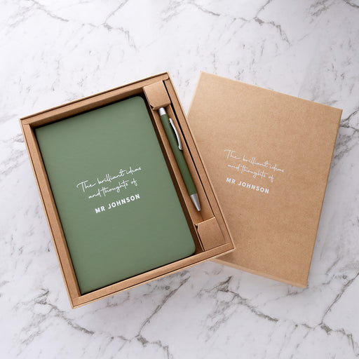 Personalised olive notebook and pen gift set with white UV printed name in a premium kraft gift box