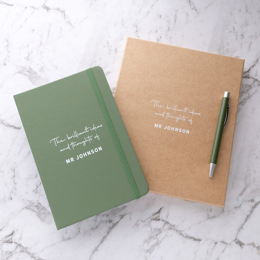 Custom olive A5 notebook and matching pen gift set personalised with a white printed design