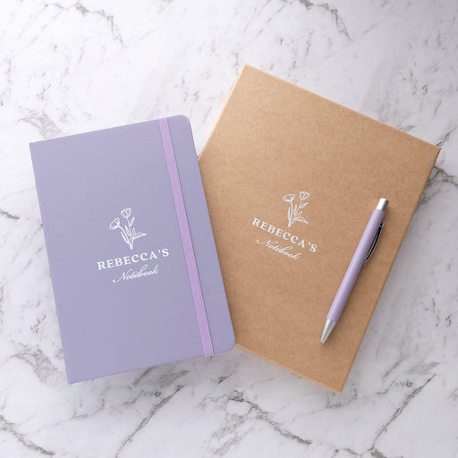 Custom purple notebook and matching pen gift set personalised with white printed design