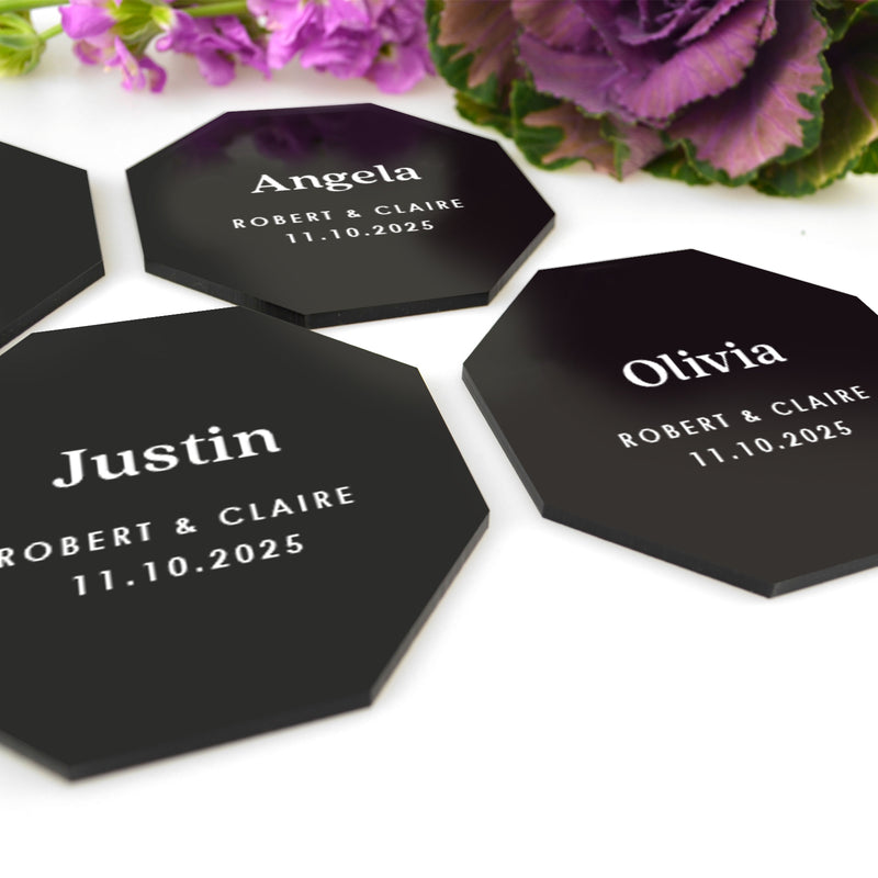 Customised Professionally White Printed on black acrylic octagon wedding placecard