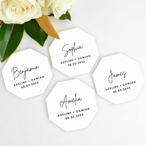 Personalised black print on white acrylic octagon wedding placecards