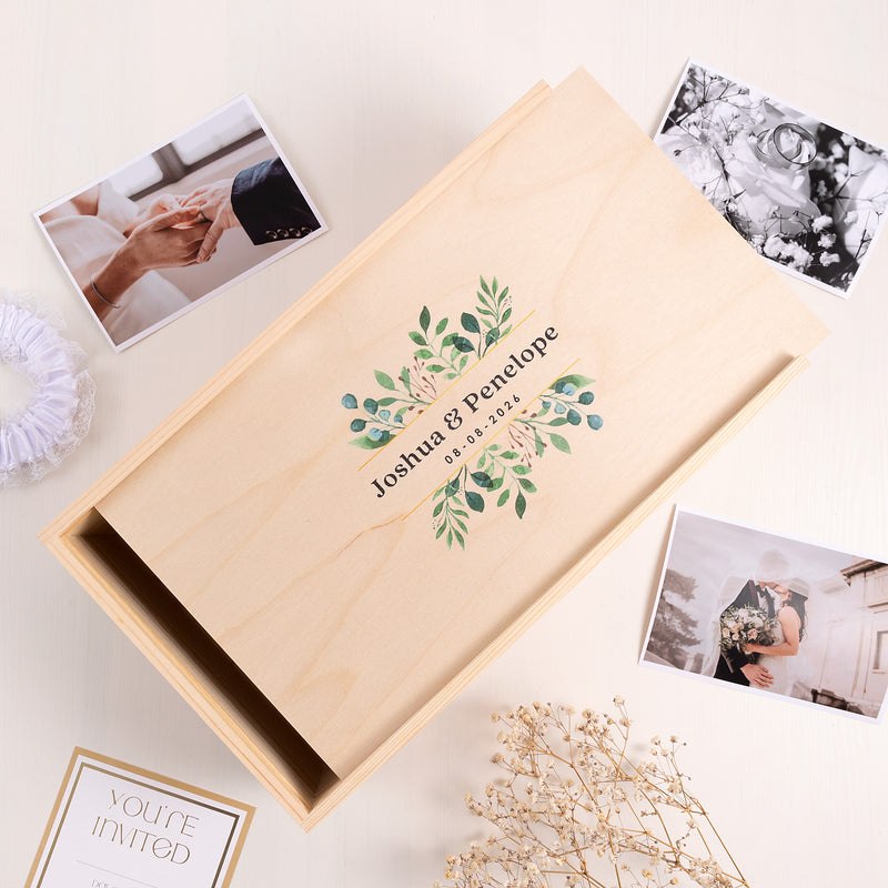 Wedding gift keepsake box with sliding lid to store special mementos