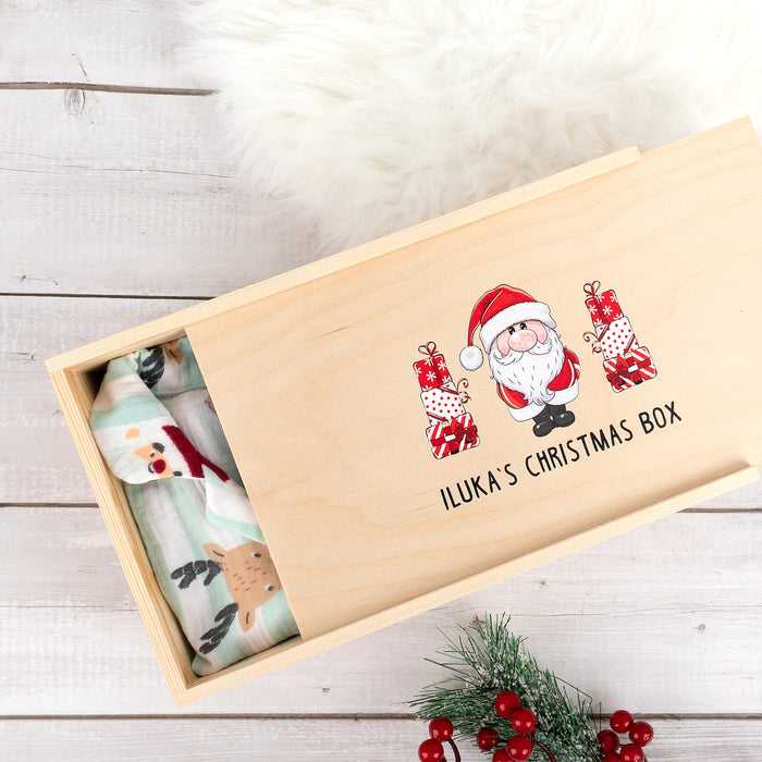 Personalised Christmas Eve box made from natural pine with festive full colour Santa design.