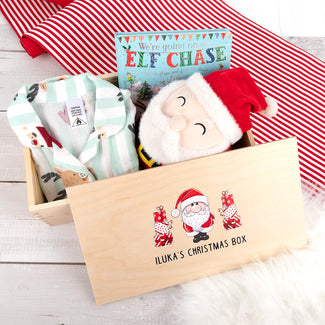 Custom Christmas keepsake box with child’s name, perfect for pyjamas, books and Santa surprises.