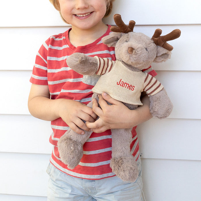 Rudy the Reindeer plush toy wearing a personalised Christmas jumper – soft, cuddly and perfect for Christmas.