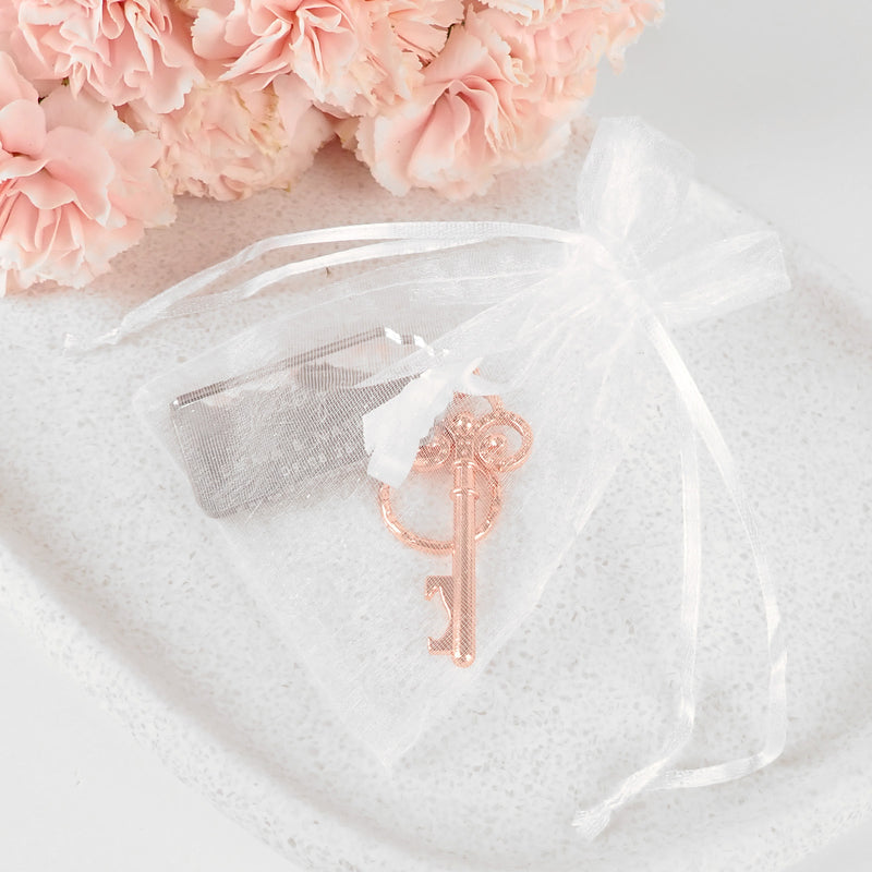 Personalised Engraved Wedding Gift Tag and Rose Gold Keyring Presented in Organza bag