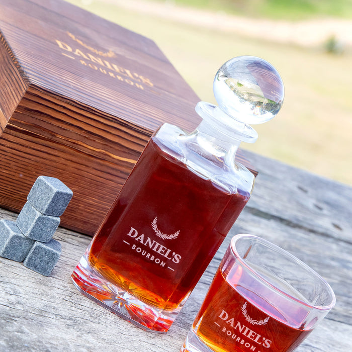 Customised Engraved Name Wooden Box with Decanter, Scotch and Whiskey Stone Set