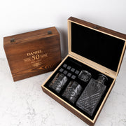 Personalised whiskey gift set with engraved scotch glasses and decanter in rustic wooden box, perfect birthday gift for him