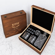 Personalised wedding whiskey gift set with 870ml decanter, two engraved scotch glasses and reusable whiskey stones in a rustic wooden gift box.