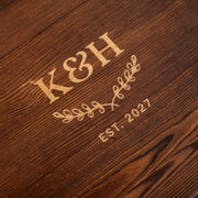 Custom engraved whiskey set for couples with initials on glasses and personalised wooden lid, ideal anniversary or wedding gift
