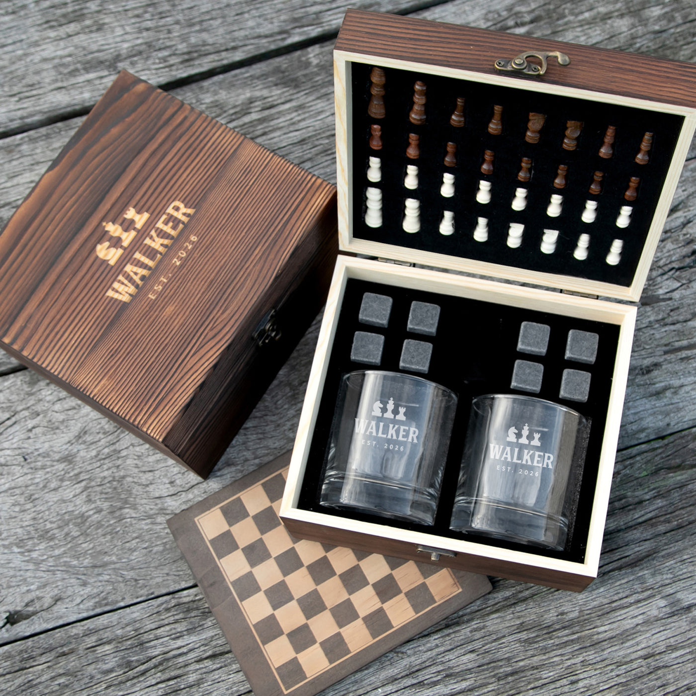 Personalised Wooden T Boxed Chess Scotch Glass Set Personalised