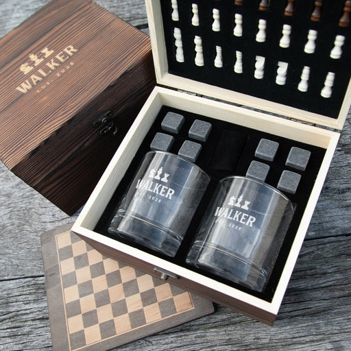 Personalised Engraved Wooden Gift Boxed Twin Scotch Glass Set with Chess Game Set
