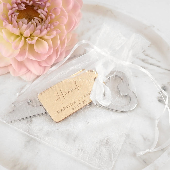 Engraved mirror acrylic gift tag with silver heart bottle opener