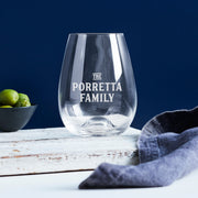 Personalised stemless wine glass engraved with family name – unique Christmas gift idea