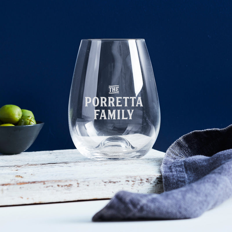 Personalised stemless wine glass engraved with family name – unique Christmas gift idea