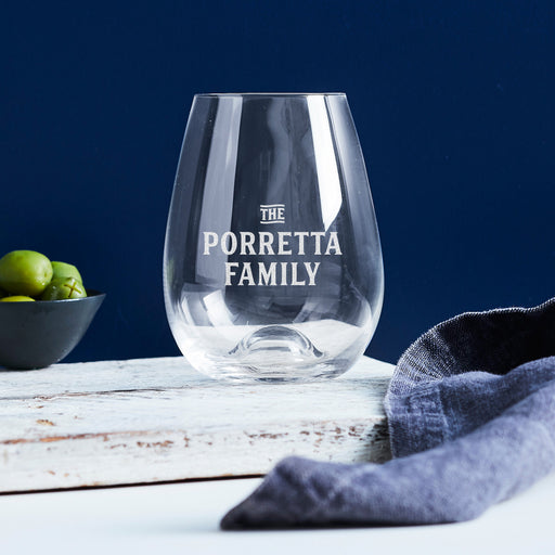 Personalised stemless wine glass engraved with family name – unique Christmas gift idea