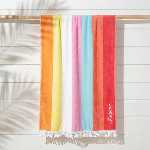 Cotton beach towel with rainbow stripes and custom name embroidery