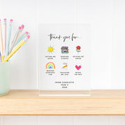 Clear acrylic teacher keepsake with personalised message and artwork.