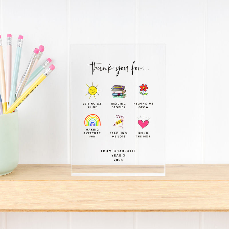 Clear acrylic teacher keepsake with personalised message and artwork.