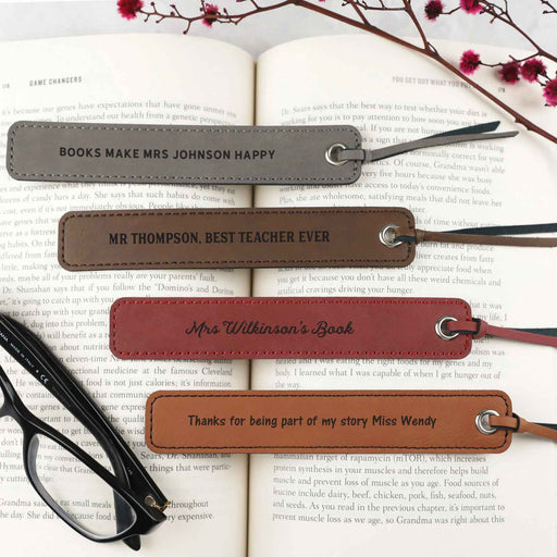 Personalised Engraved Leatherette Grey, Brown & Red Teacher Bookmarks gift present