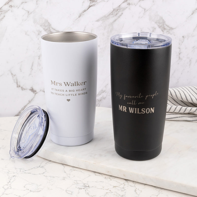 Engraved stainless steel insulated travel mug – practical teacher thank you present.