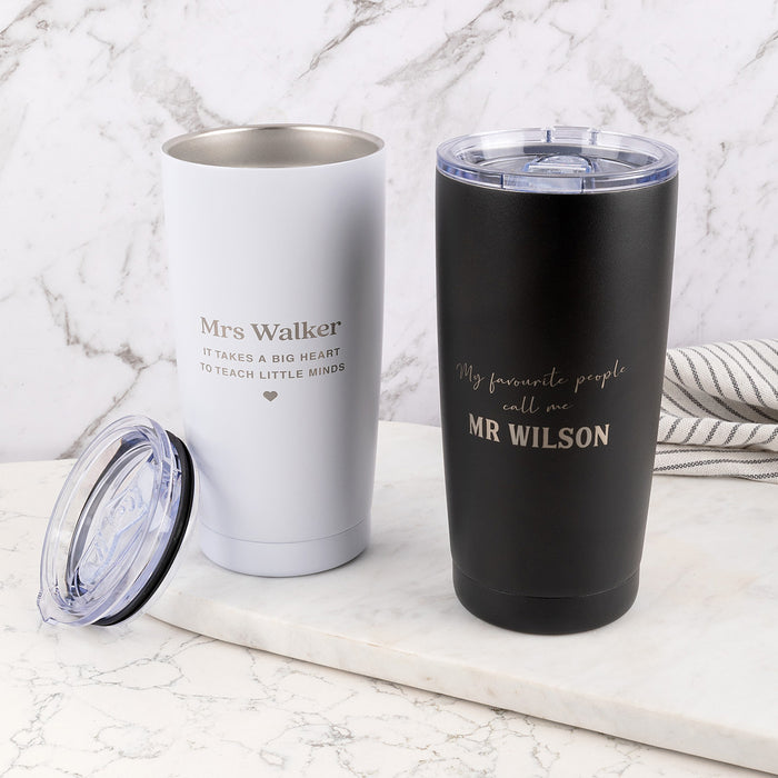 Engraved stainless steel insulated travel mug – practical teacher thank you present.