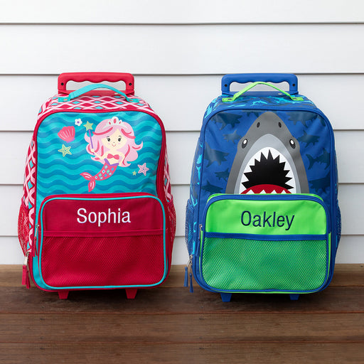 Shark and mermaid trolley cases side by side – personalised Christmas gift for kids