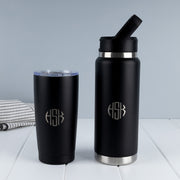 Black personalised drinkware bundle with engraved 780ml water bottle and matching 590ml insulated tumbler.