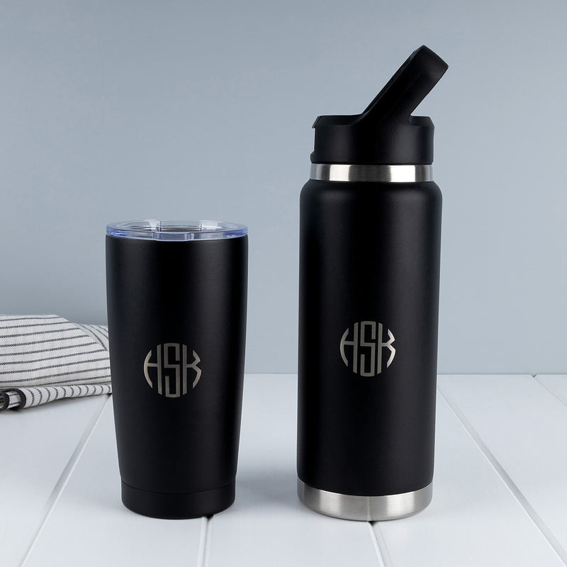 Black personalised drinkware bundle with engraved 780ml water bottle and matching 590ml insulated tumbler.