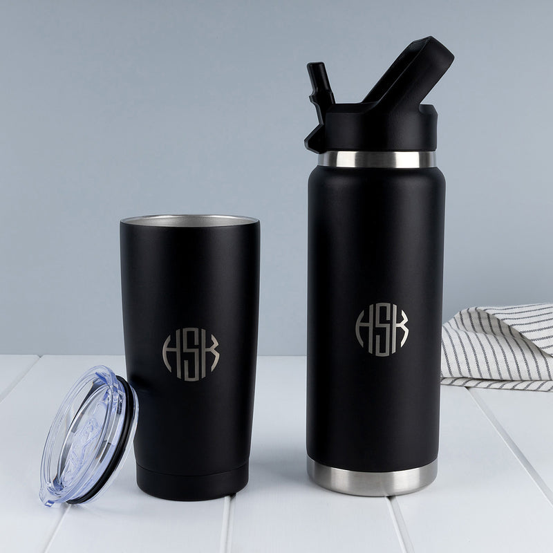 Custom engraved black water bottle and tumbler gift set with personalised front or front and back engraving.