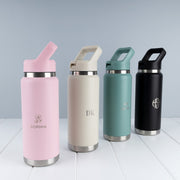 Personalised 780ml insulated water bottle with leak-resistant flip straw lid and folding carry handle.