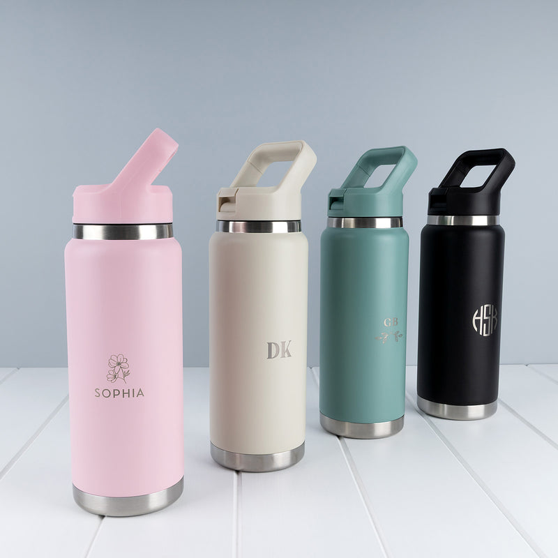 Personalised 780ml insulated water bottle with leak-resistant flip straw lid and folding carry handle.