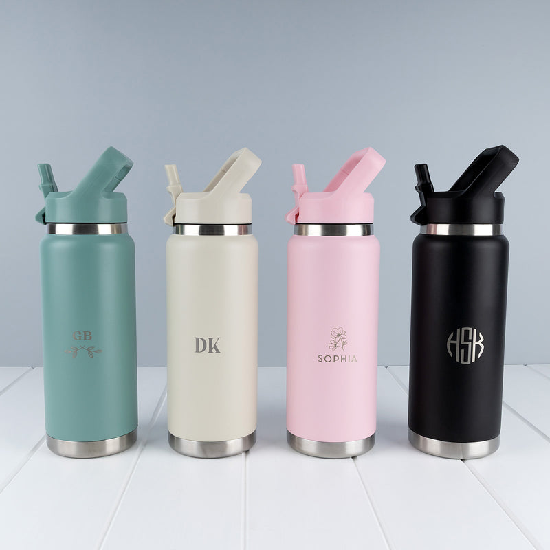 Engraved stainless steel water bottle available in Sage, Stone, Pink and Black with custom silver engraving.