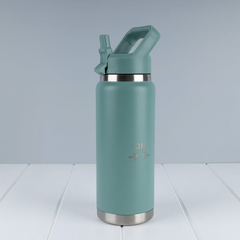 Sage custom engraved 780ml water bottle with reusable stainless steel design and flip straw.