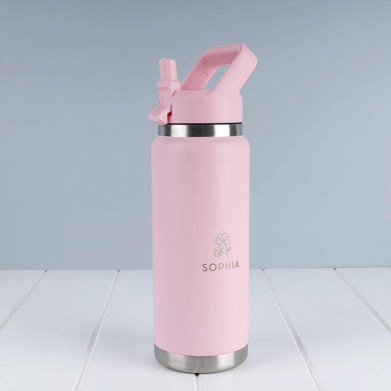 Pink engraved 780ml stainless steel water bottle personalised with your choice of name or design.