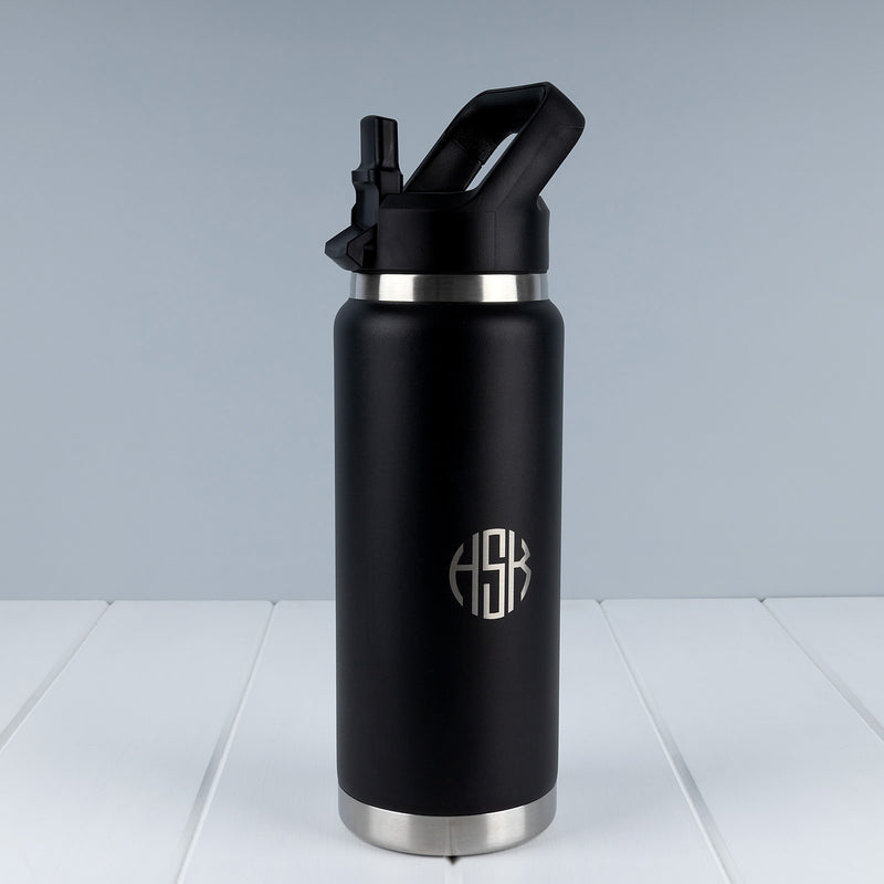 Black personalised 780ml water bottle with custom silver laser engraving and flip straw lid.
