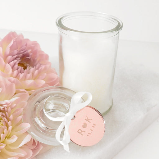 Personalised French Tip Wedding Candle with Engraved Round Acrylic Gift Tag