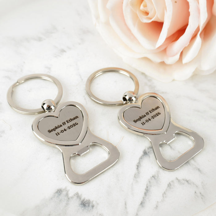 Customised Engraved Wedding Heart Silver Bottle Opener Keyring Favour